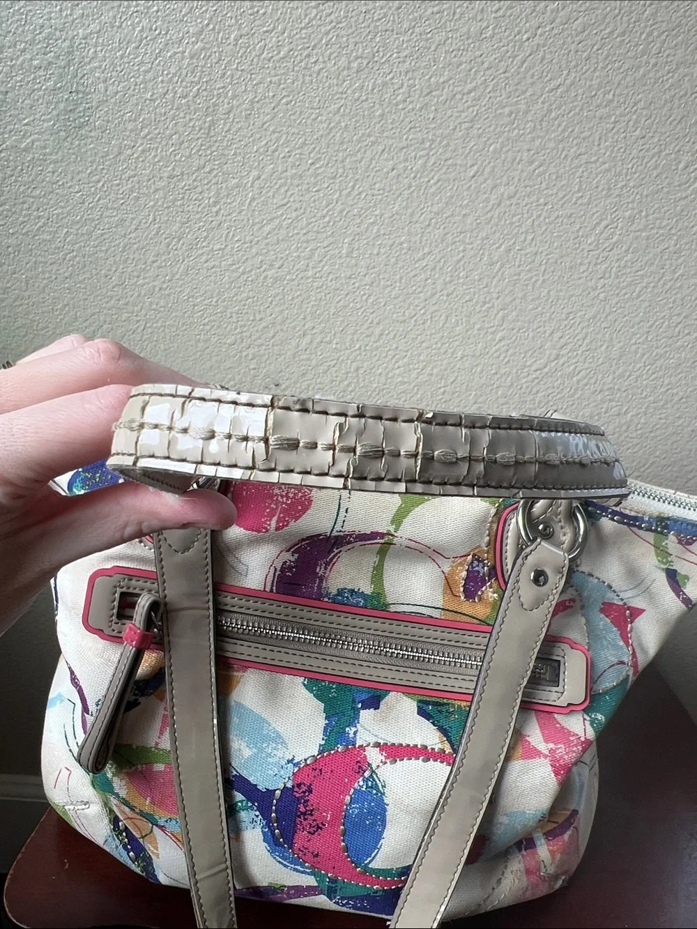 Coach Multicolor Circle Print Shoulder Bag with Silver Handles